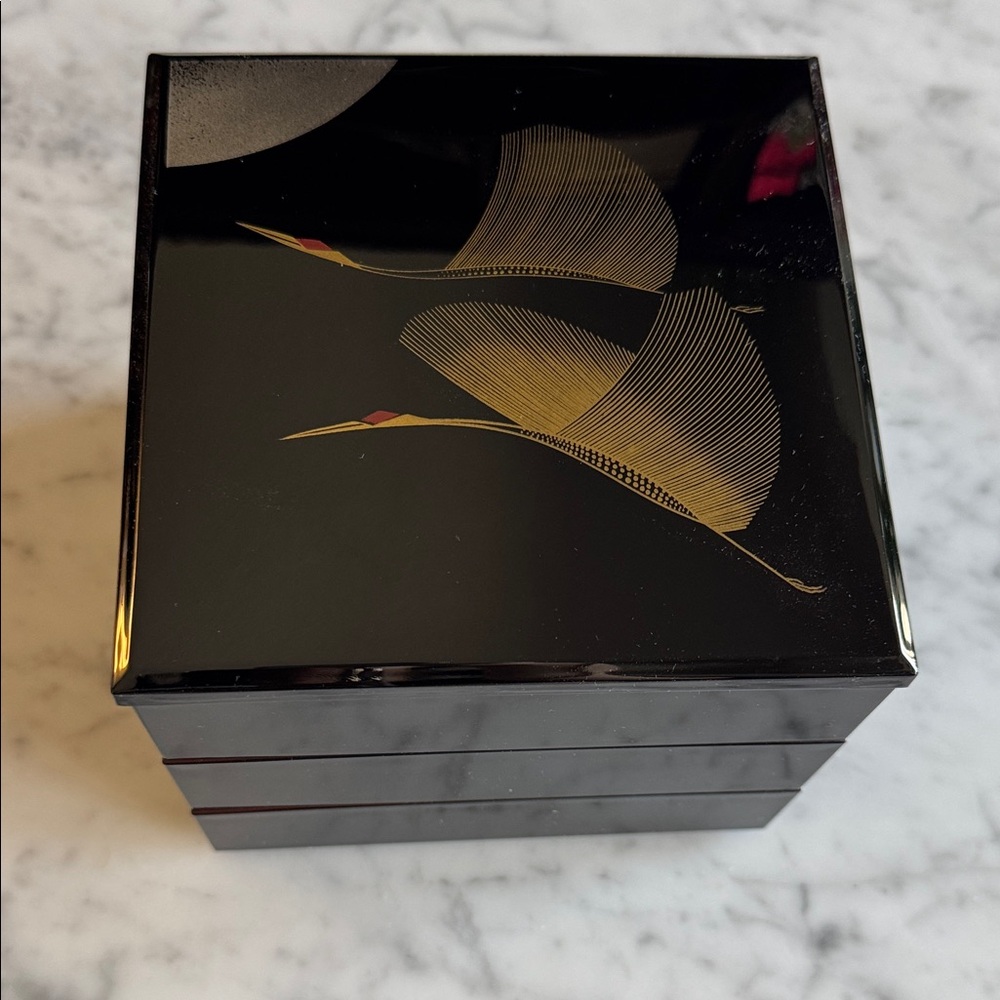 Japanese Stack Bento Box with Gold Crane Design